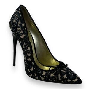 Tom Ford Stiletto Lace Heel Pumps 38.5 Embroidered Nude Bow High Heel Point Toe